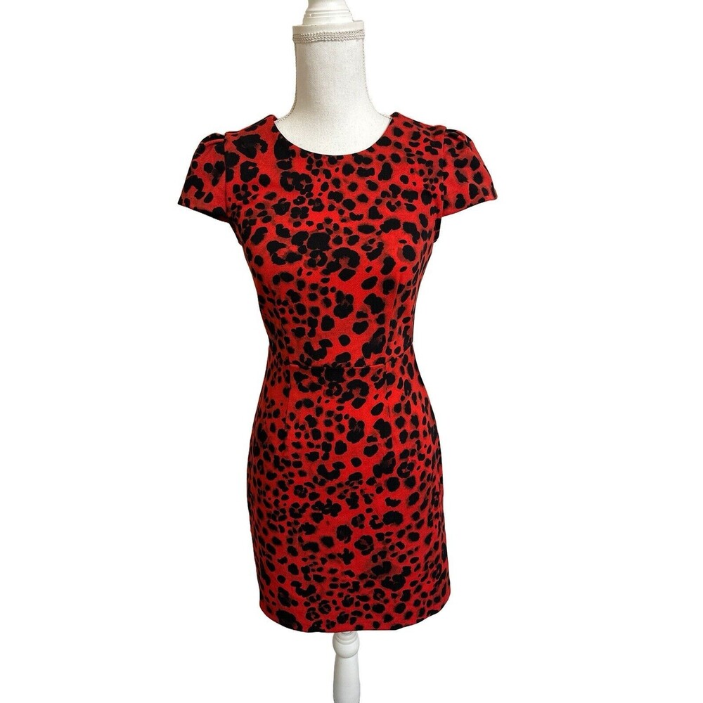 NWT Betsey Johnson  Women's 0 Red Leopard Printed Dress Knee Length Cap Sleeves